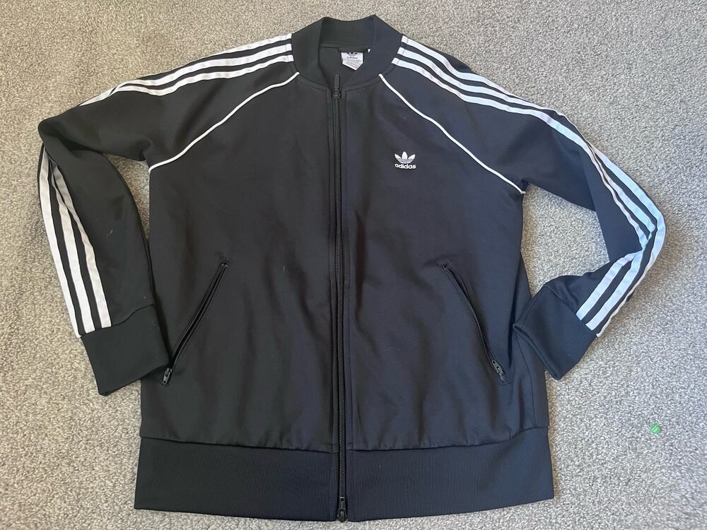 Adidas Track Jacket Women’s Large Black Three Stripe Mock Neck Full Zip H